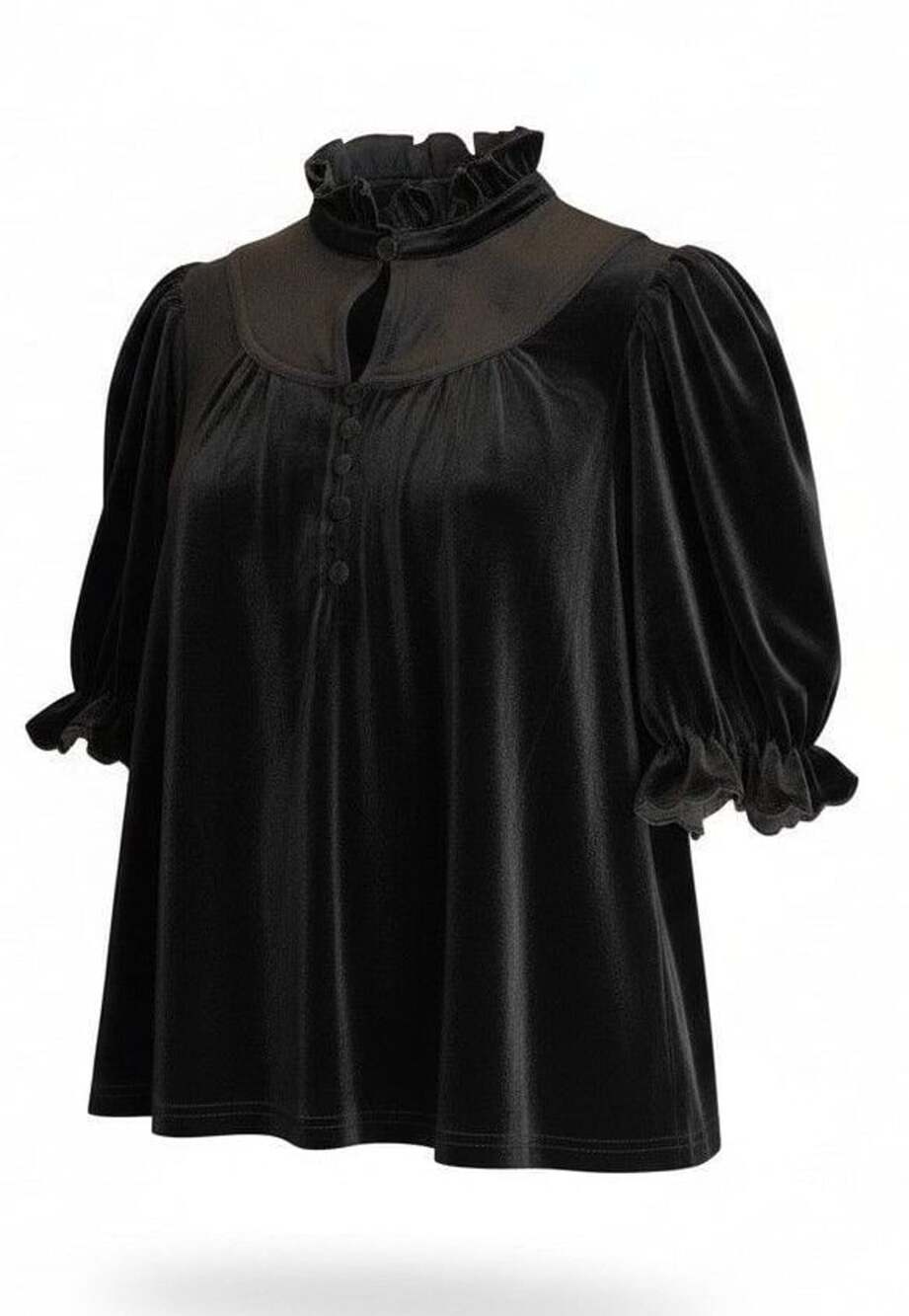 Pomander Place Black Velvet Ruffle Neck Top Size M